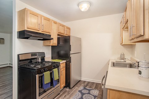 a kitchen with a stove refrigerator and sink
