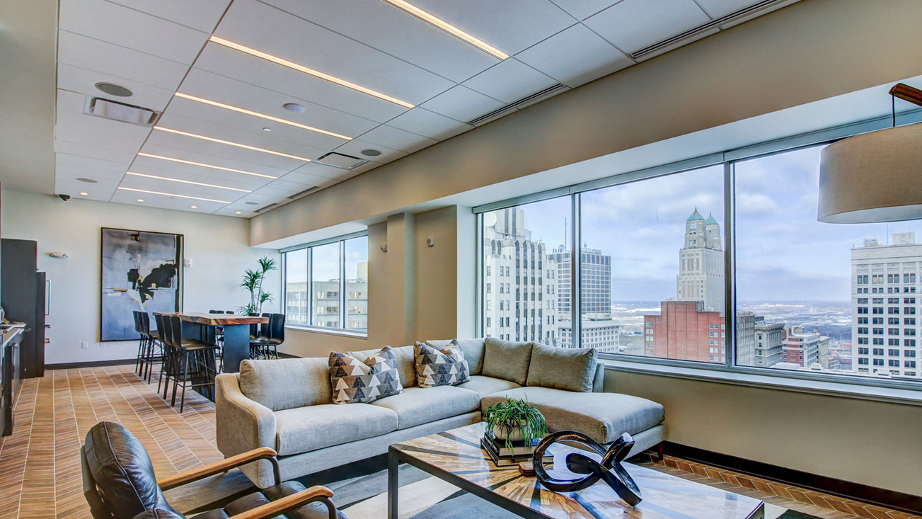 living room with large windows at The Grand, Kansas City, MO