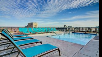 Kansas City MO Apartments for Rent-The Grand Apartments Rooftop Pool With Lounge Chairs And 360 View Of City