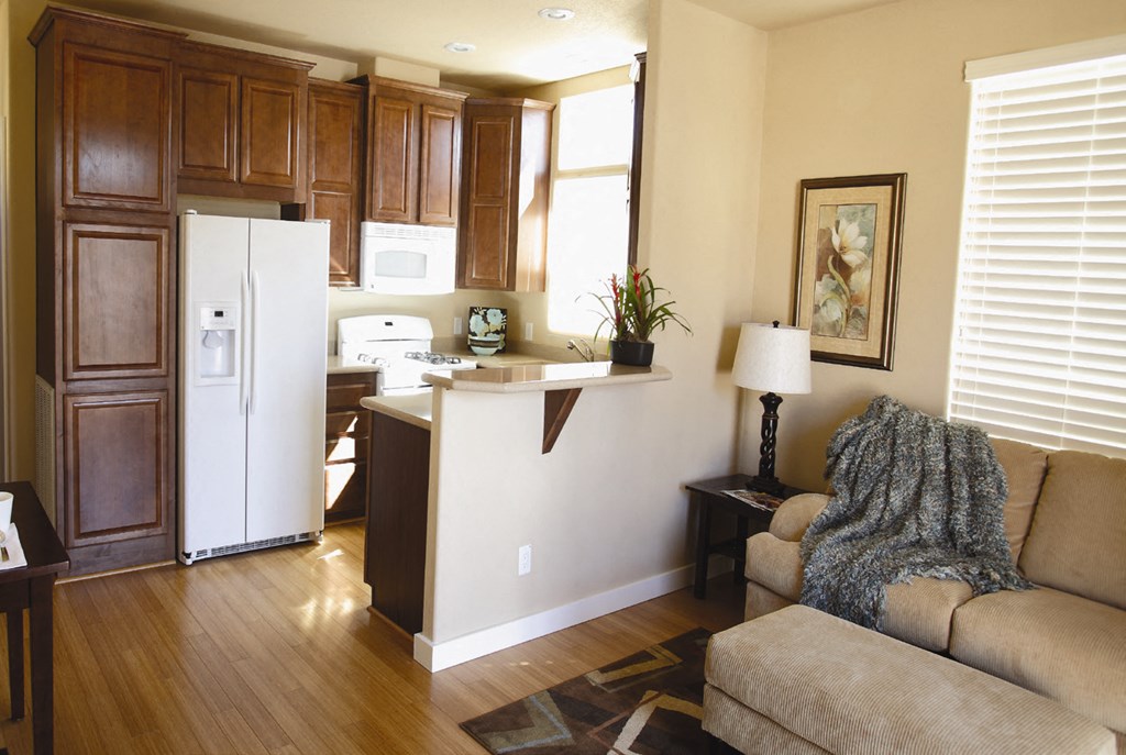 a living room with a couch and a kitchen with a refrigerator