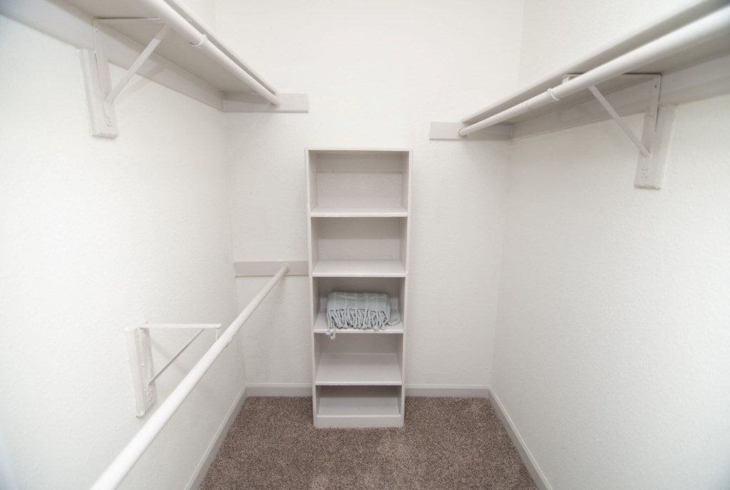 View of walk-in closet with built-in shelving.