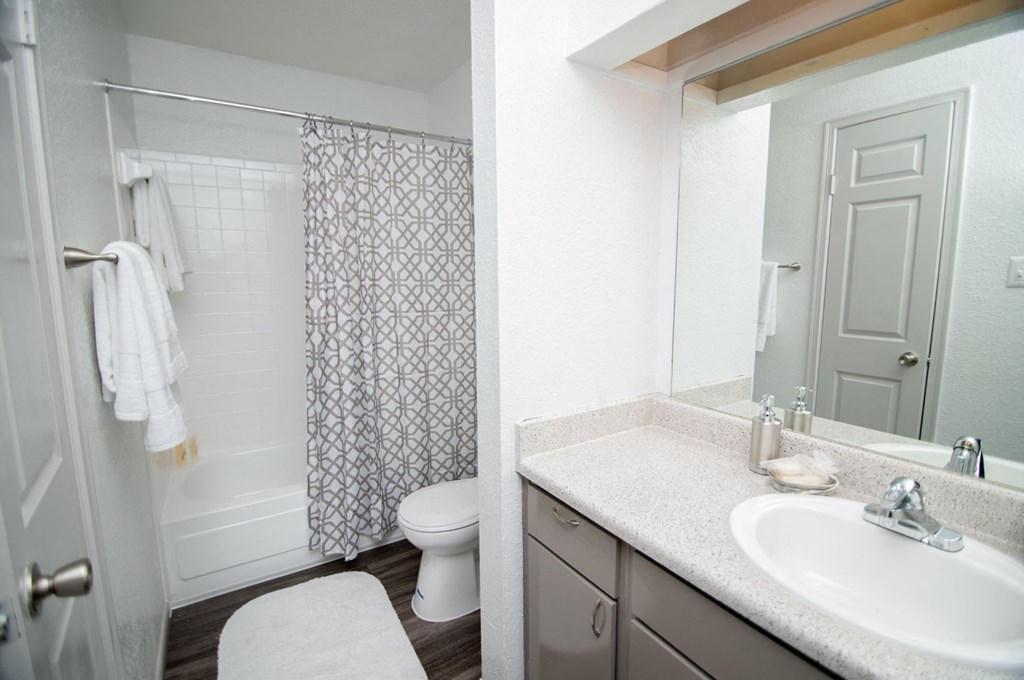 View of bathroom with full-size, vanity mirror.