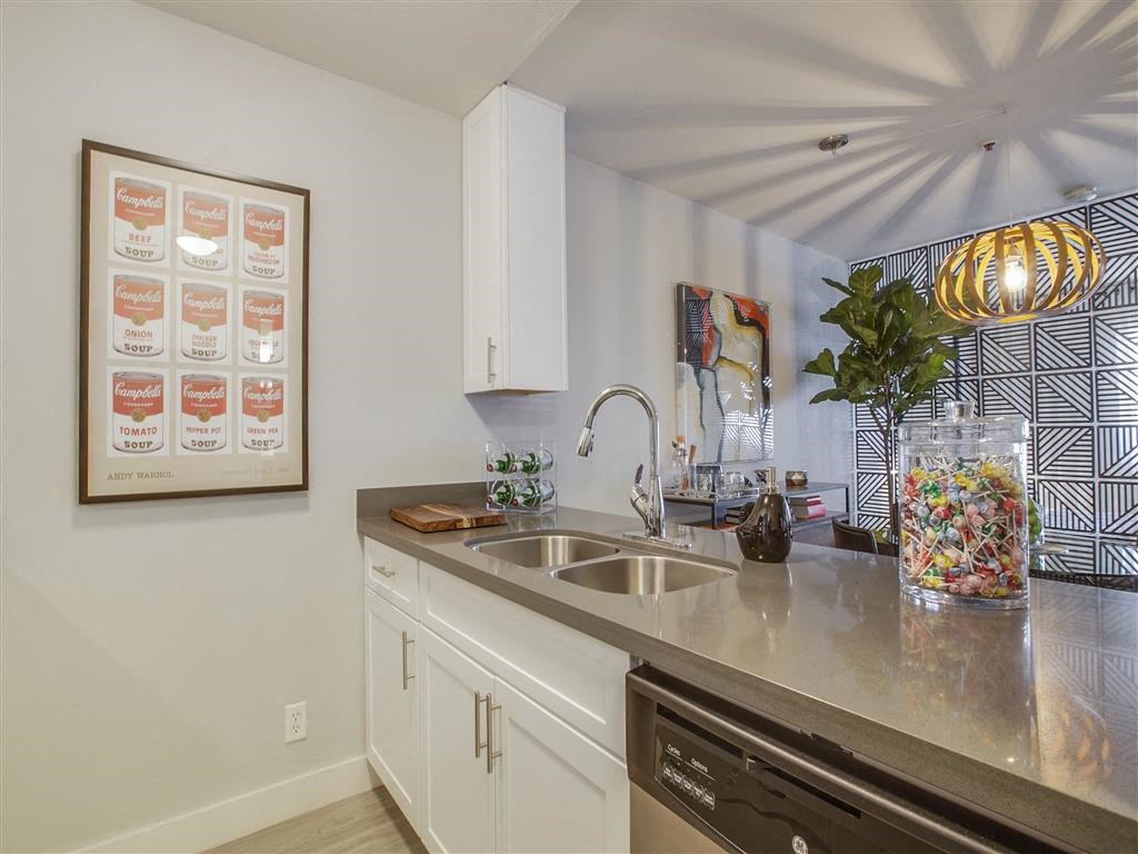 a kitchen with a sink and a counter top