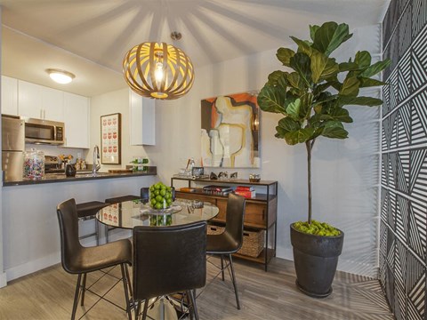 a dining room and kitchen with a potted plant