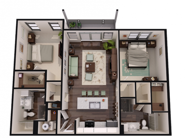 The Rowley Two bedroom two bathroom floor plan at Overbrook Lofts in Greenville, SC 29607