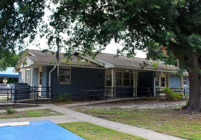 a blue house with a yard and a tree