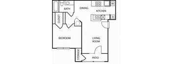 1 bedroom 1 bathroom A2 floorplan at Forest Creek Apartments in Houston, TX
