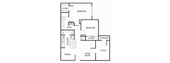 2 bedroom 1 bathroom 800 square foot B1 floorplan at Forest Creek Apartments in Houston, TX
