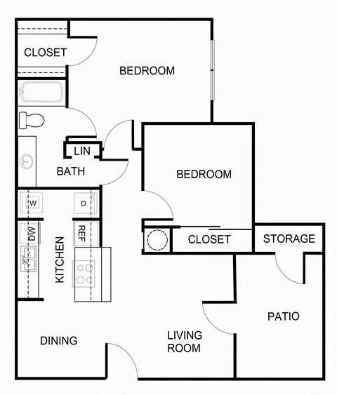 2 bedroom 1 bathroom 800 square foot B1 floorplan at Forest Creek Apartments in Houston, TX