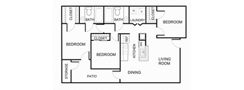 3 bedroom 2 bathroom C1 floorplan at Forest Creek Apartments in Houston, TX