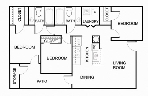 3 bedroom 2 bathroom C1 floorplan at Forest Creek Apartments in Houston, TX