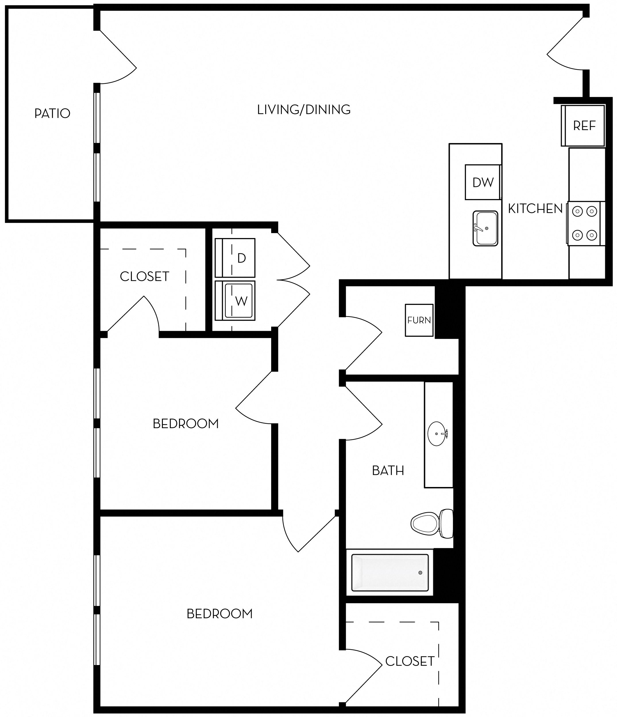 2 Bedroom, 1 Bath Floor Plan 3