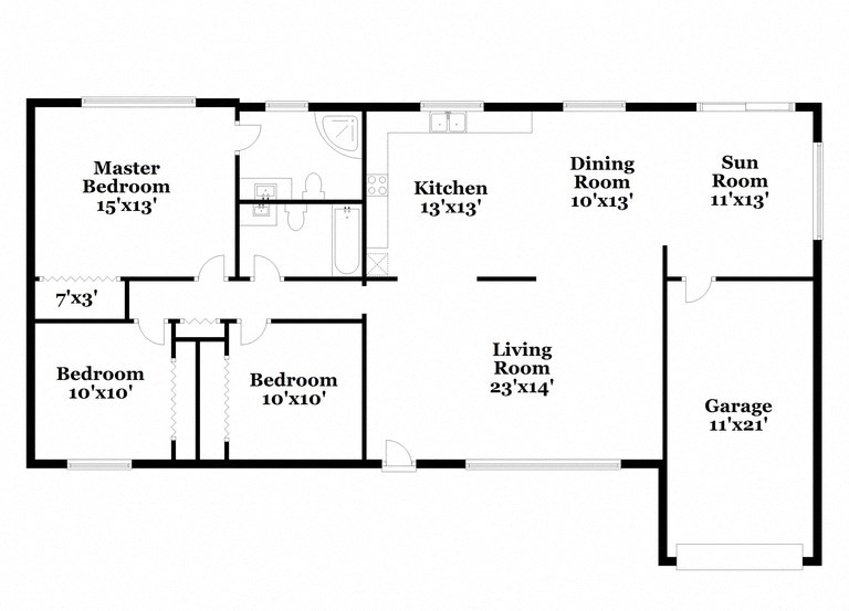 a floor plan of a house with an open floor plan with bedrooms and a kitchen