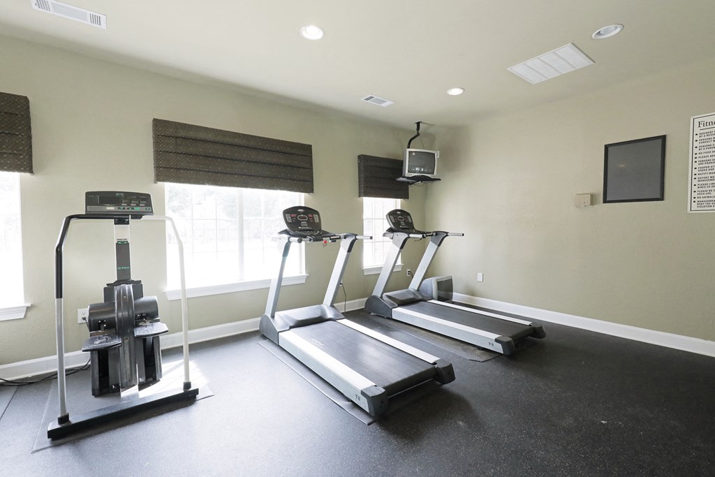 two treadmills and a television in a gym room
