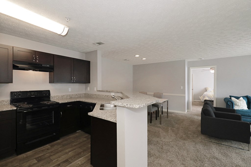 the view of a kitchen and living room in an apartment