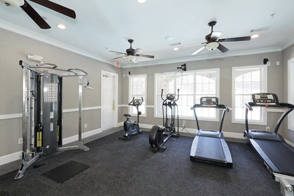 a gym with exercise machines and ceiling fans