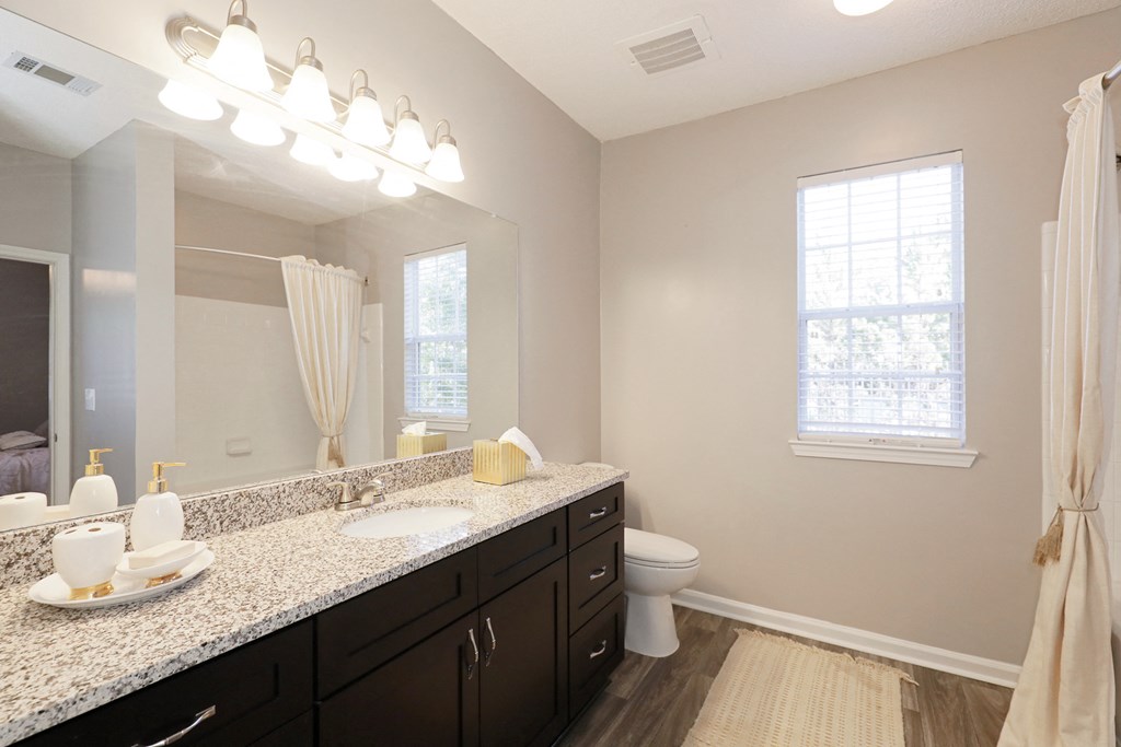 a bathroom with a large mirror and a sink and a toilet
