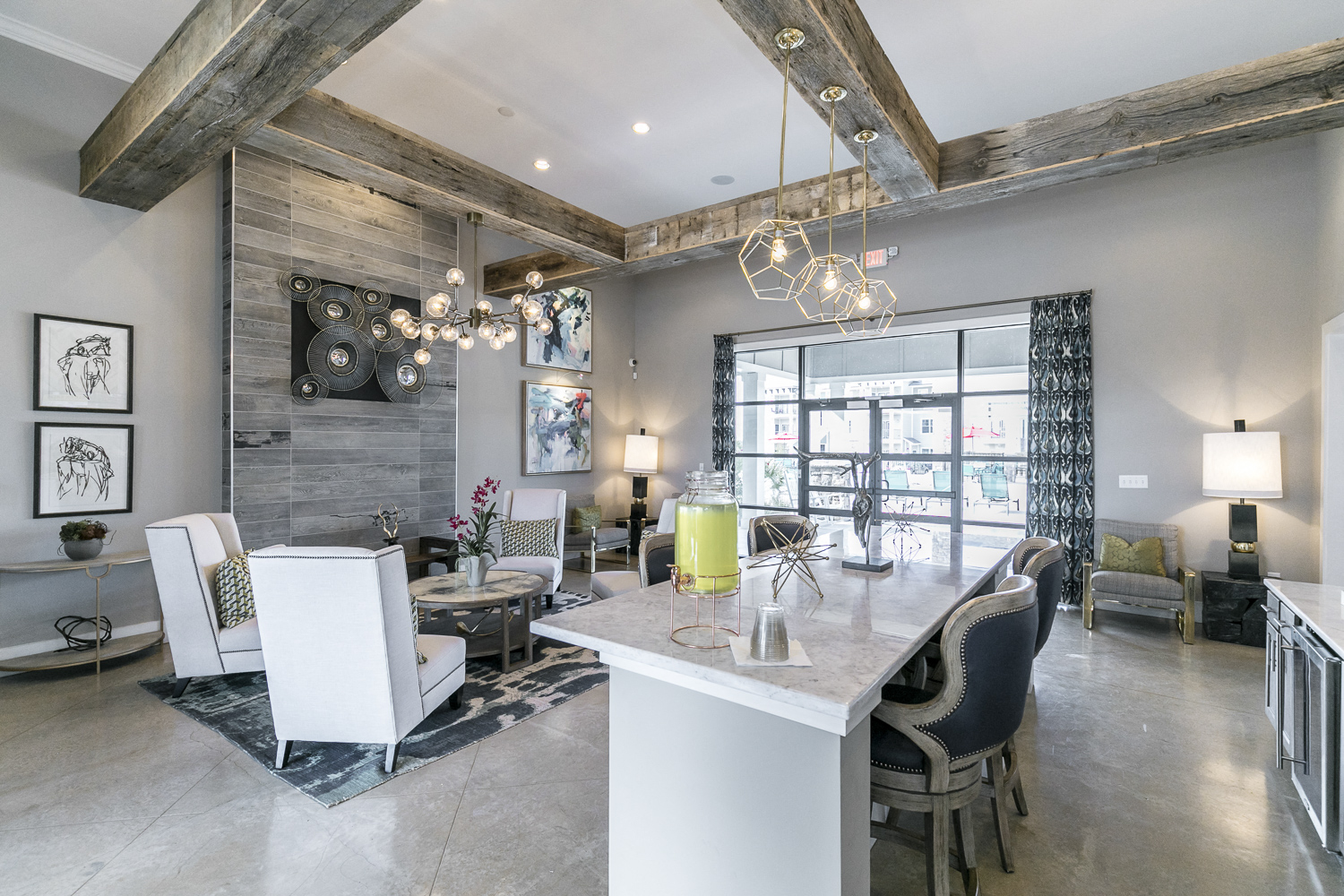 a dining room and living room with a table and chairs