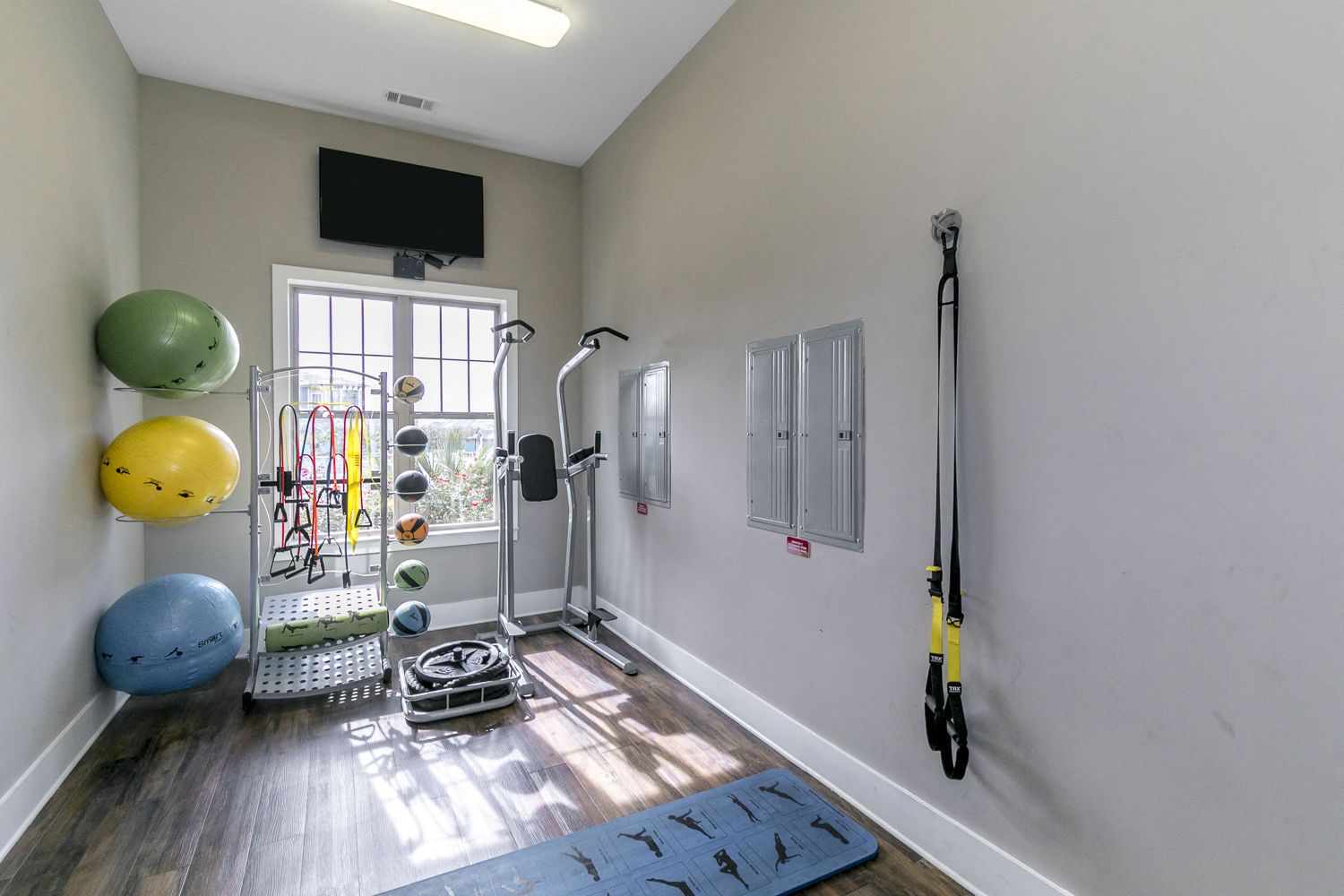 a workout room with weights and a yoga ball and a tv