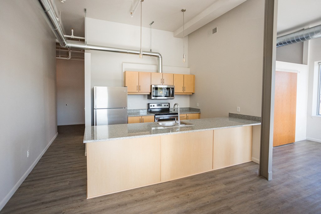 A kitchen with a counter and cabinets.