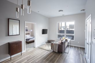 a living room with gray walls and hardwood floors  at RoCo Apartments, Fargo, North Dakota