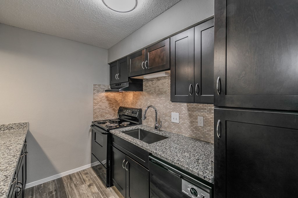 Kitchen with dark wood cabinetry and modern backsplash