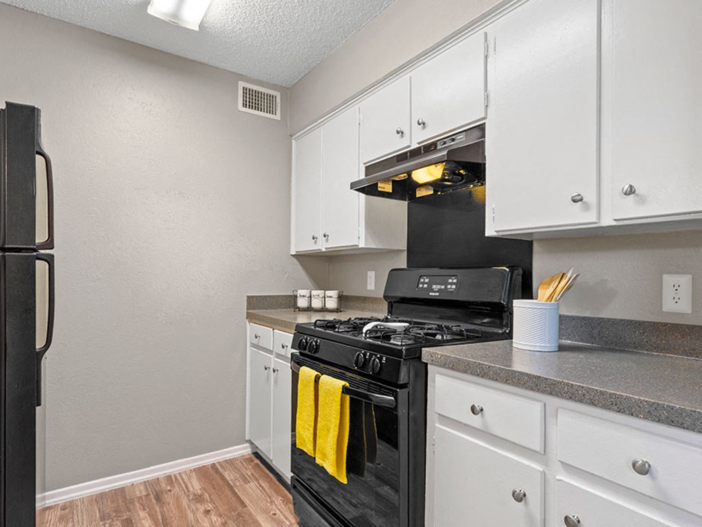 Kitchen with gas range and refrigerator at Davis Park Apartments in North Richland Hills TX