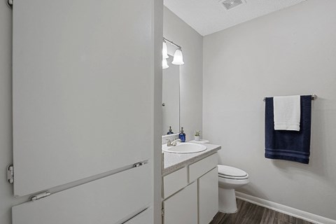 bathroom with large mirror, vanity lighting, and updated fixtures