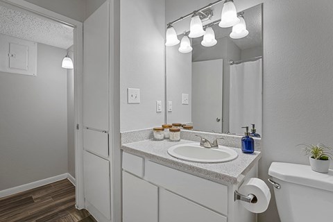 bathroom with large mirror, vanity lighting, and updated fixtures