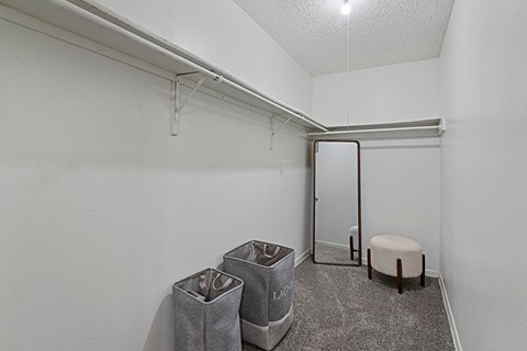 Large walk-in closet with shelving and carpet flooring