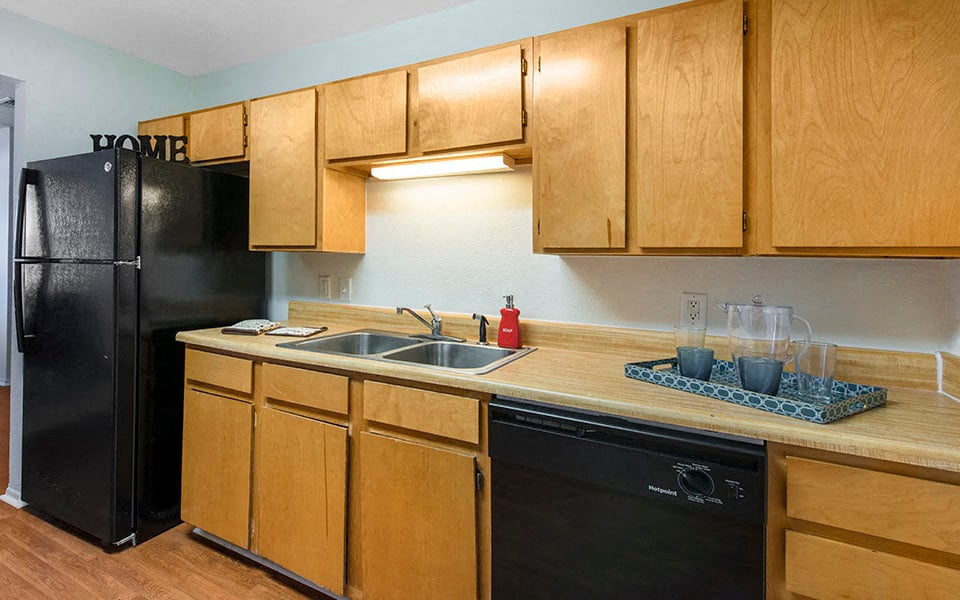 a kitchen with a black refrigerator and a sink