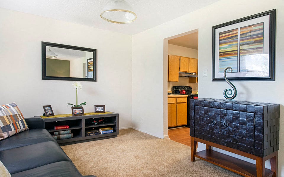 a living room with a couch and a tv and a kitchen