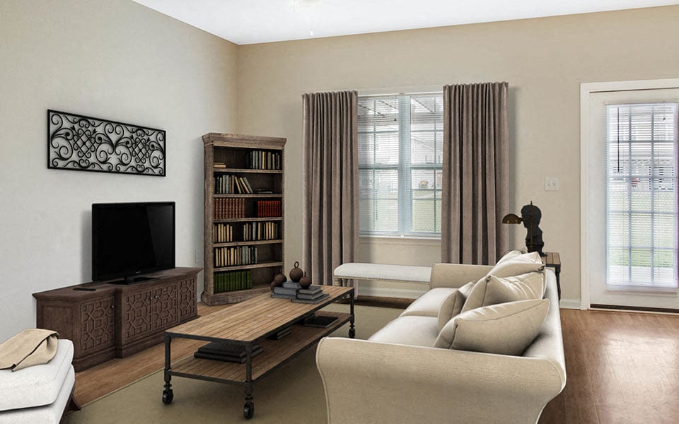 a living room with a couch and a television