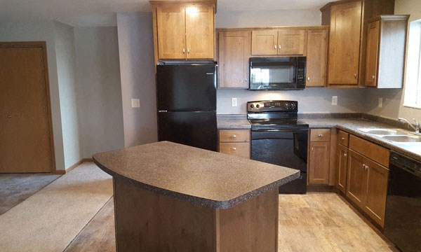 a kitchen with black appliances and wooden cabinets