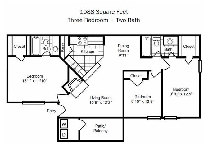 Three Bedroom Two Bathroom 1,088 Square Feet