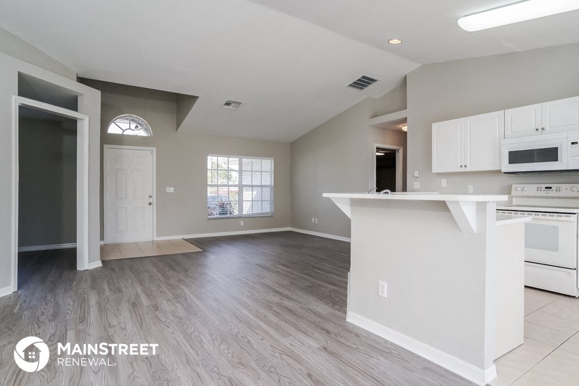 the kitchen and living room of an open floor plan