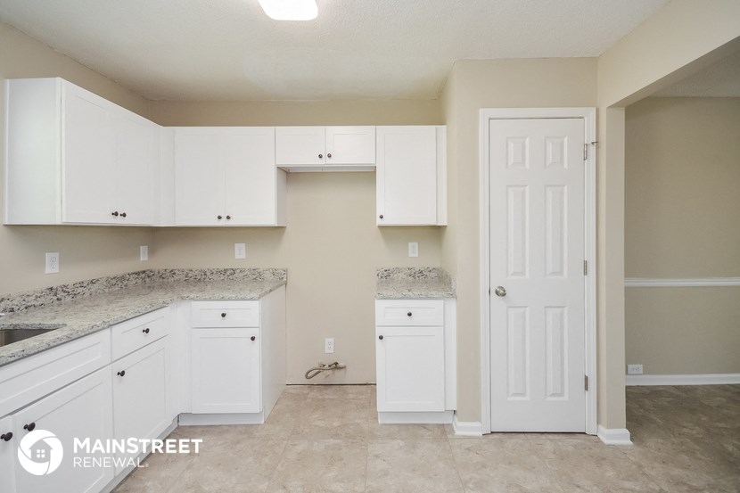 a kitchen with white cabinets and counters and a white door