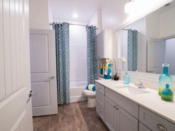 Spacious Bathrooms With Wood-Framed Mirrors at Mayfaire Flats, Wilmington, NC, 28405