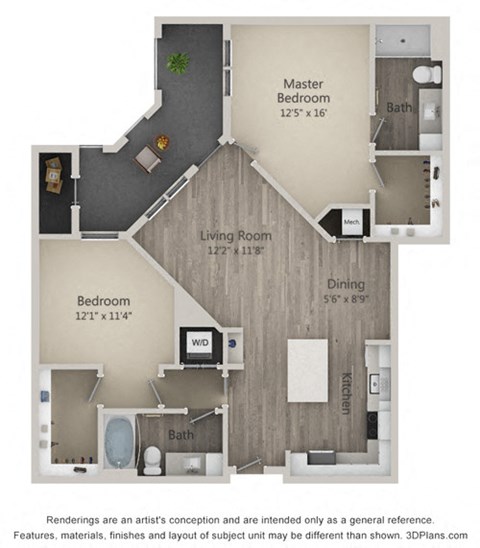 Brookland Two Bed Two Bath Floor Plan at Mayfaire Flats, North Carolina, 28405