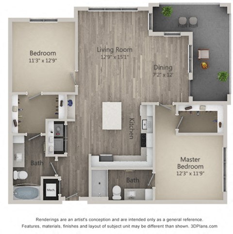 Browning Two Bed Two Bath Floor Plan at Mayfaire Flats, Wilmington, NC, 28405