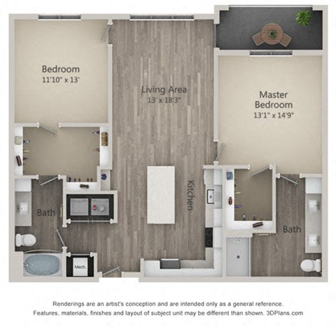 Burberry Two Bed Two Bath Floor Plan at Mayfaire Flats, Wilmington, NC