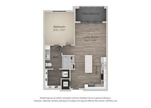 Archer One Bed One Bath Floor Plan at Mayfaire Flats, Wilmington, 28405