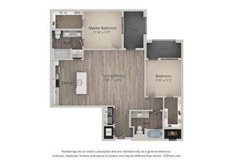 Baker Two Bed Two Bath Floor Plan at Mayfaire Flats, Wilmington, NC