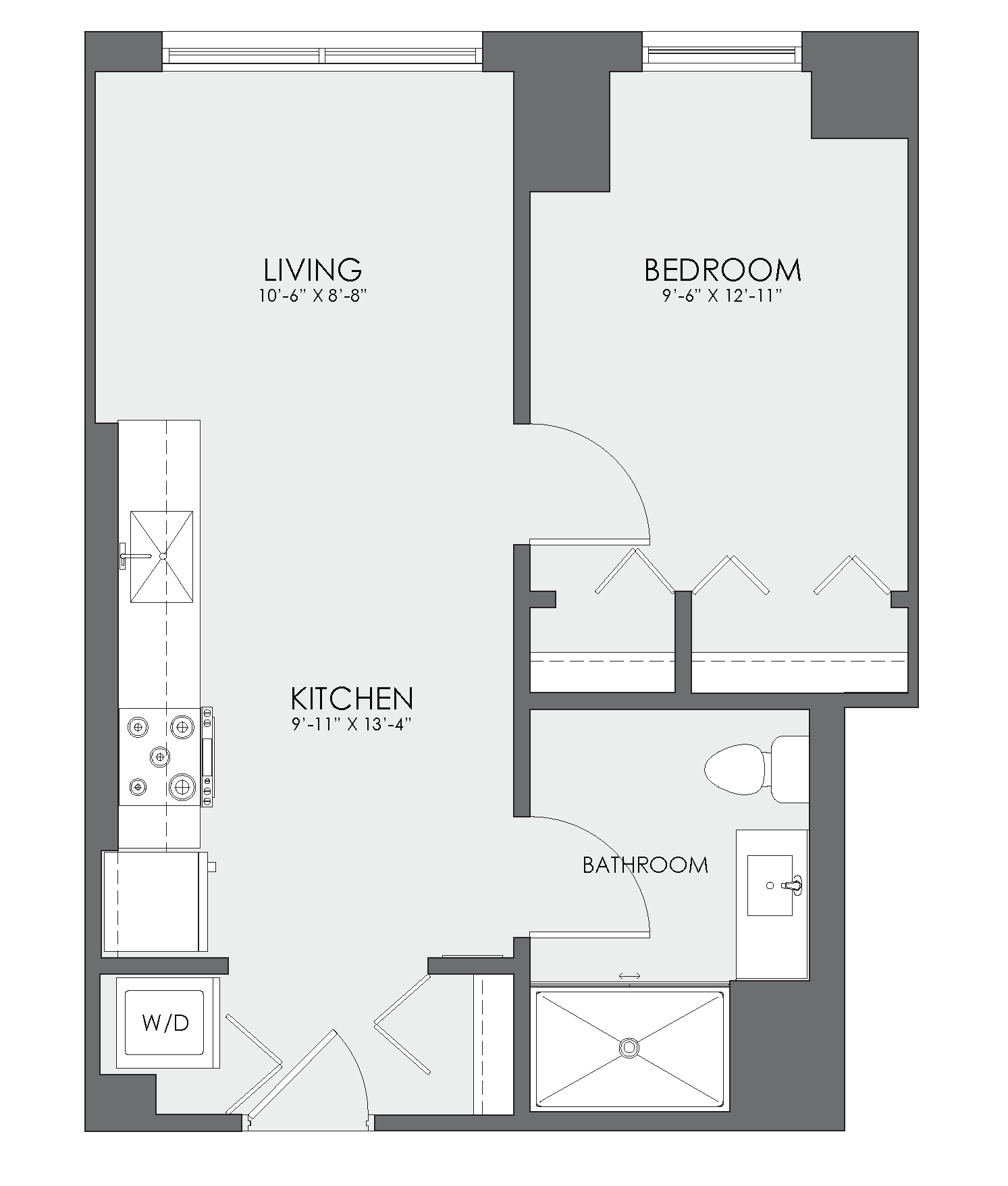1  Bed   1  Bath   542 Sq. Ft. V-09 Floor Plan at Viridian on Sheridan, Illinois, 60613