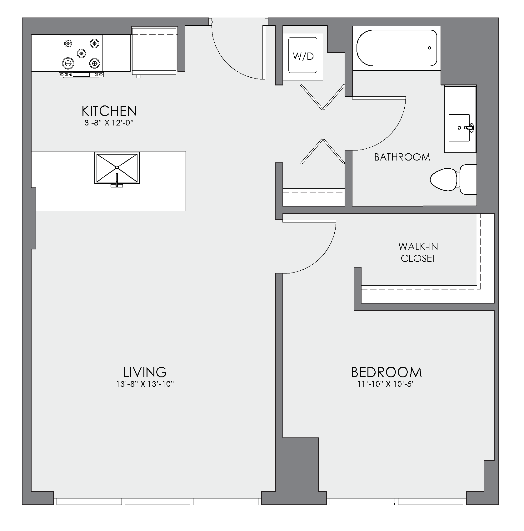 1  Bed   1  Bath   659 Sq. Ft. V-11 Floor Plan at Viridian on Sheridan, Chicago, IL, 60613