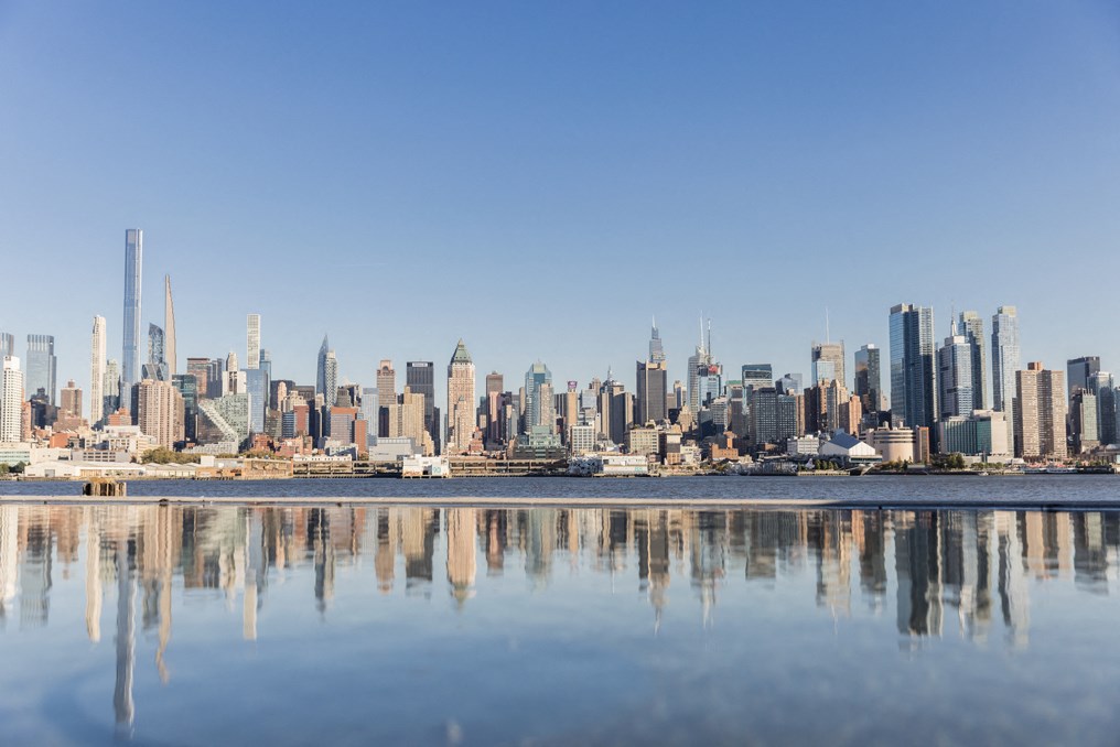 a view of the skyline from the water