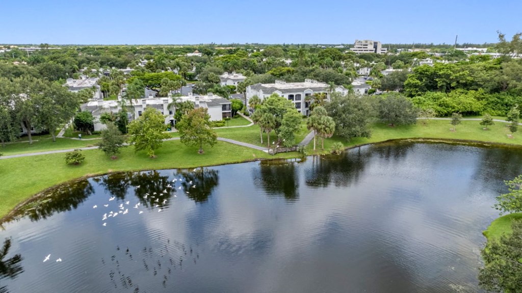 an aerial view of a lake with buildings in the background