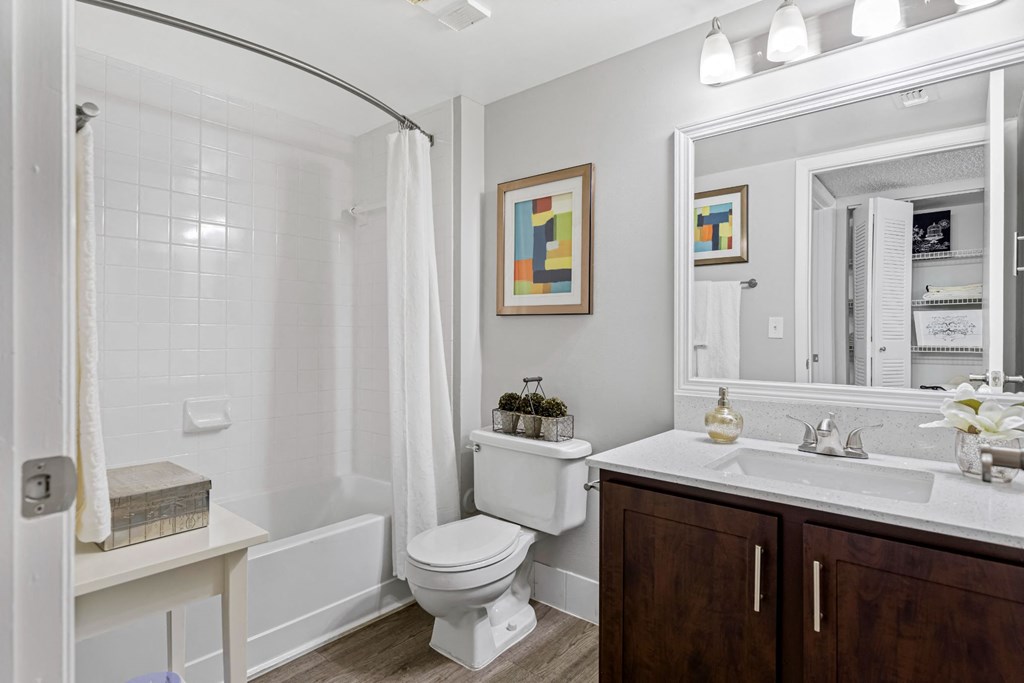 a bathroom with a toilet sink and shower and a mirror