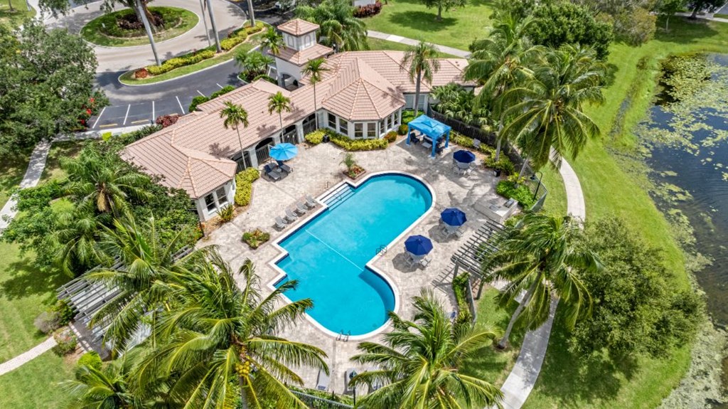 an aerial view of the pool and a mansion with palm trees