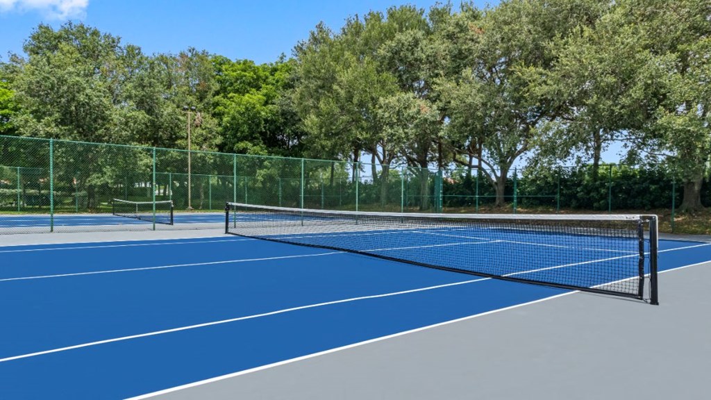 a tennis court with a net and trees in the background